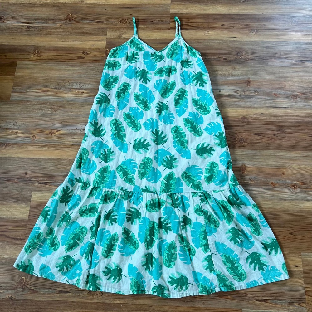 J.Crew XS Tropical Palm Leaf Print Cotton Midi Dress Green White Beachy Vacation